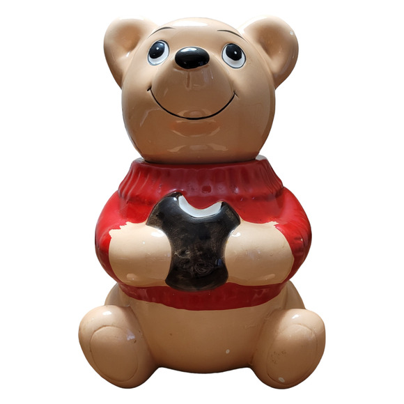 Vintage 13" Ceramic Bear Cookie Jar Red Sweater Taiwan Collectible Kitchenware - Picture 2 of 9